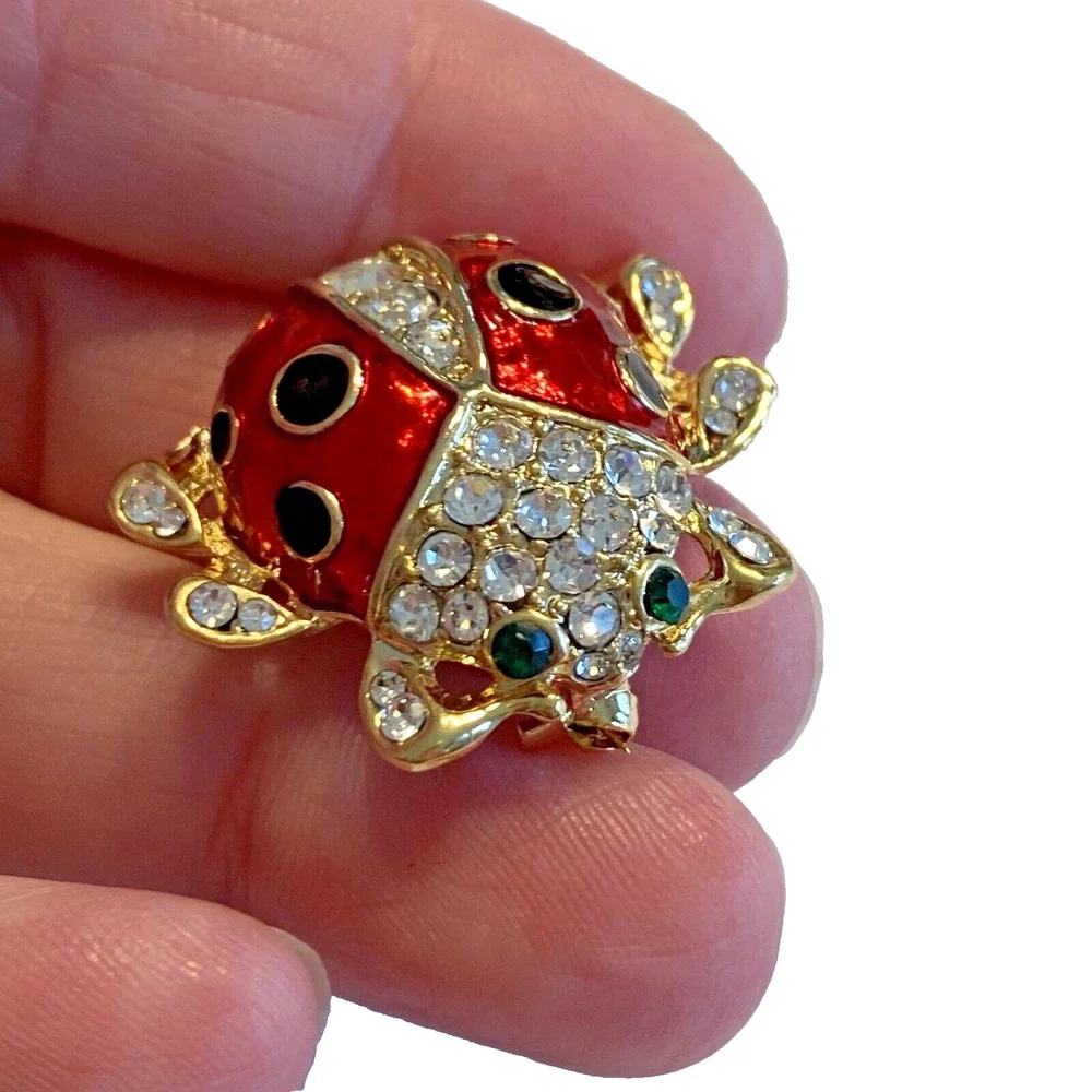 Vintage Ladybug Brooch Red & Black Enamel on Goldtone White & Green Rhinestones